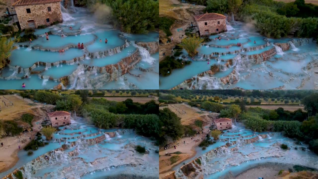 意大利托斯卡纳土星温泉浴场带瀑布和温泉的天然水疗中心，托斯卡纳格罗塞托，意大利托斯卡纳度假时自然热瀑