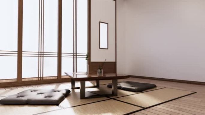 榻榻米垫地板、低桌子和扶手椅上的禅房室内木墙。3d渲染