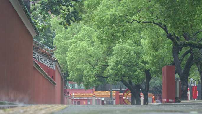 实拍春雨中广州农讲所的红墙绿树庄严肃穆。