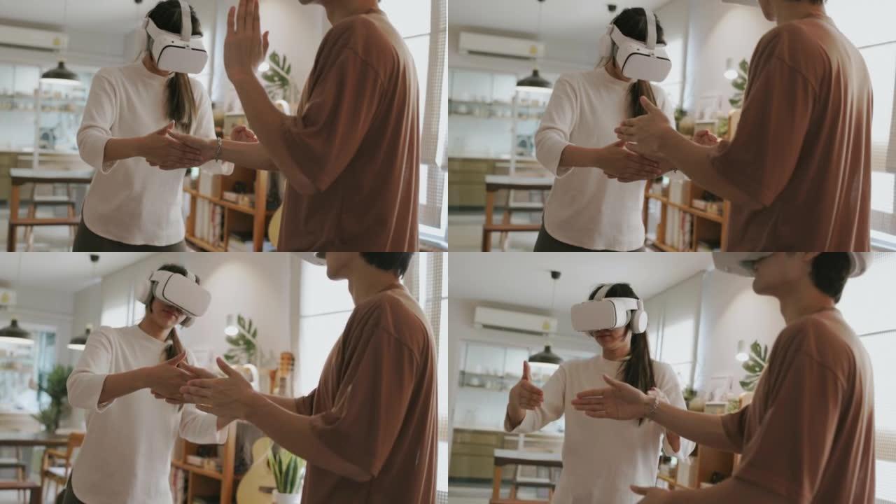 与机器人风格跳舞，虚拟现实模拟器与机器人游戏，握手和有趣的舞蹈。