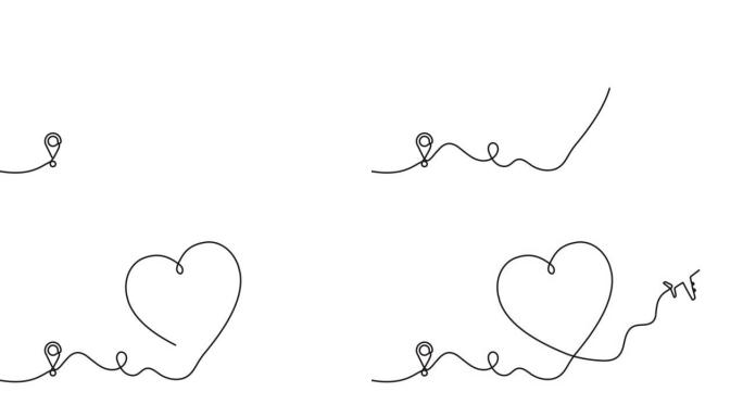 以心脏形式连续绘制飞机路径。一条起点和心路的单线飞机路线，心形轨迹的飞机。带阿尔法频道的4k视频。