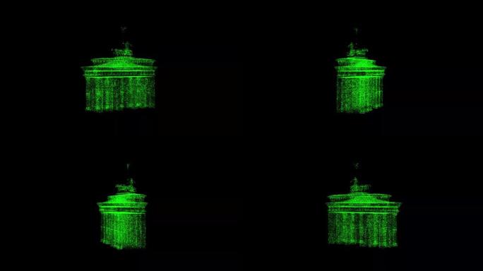 柏林的3D勃兰登堡门在黑色背景上旋转。由绿色闪烁粒子组成的物体60 FPS。科学概念。标题、演示文稿