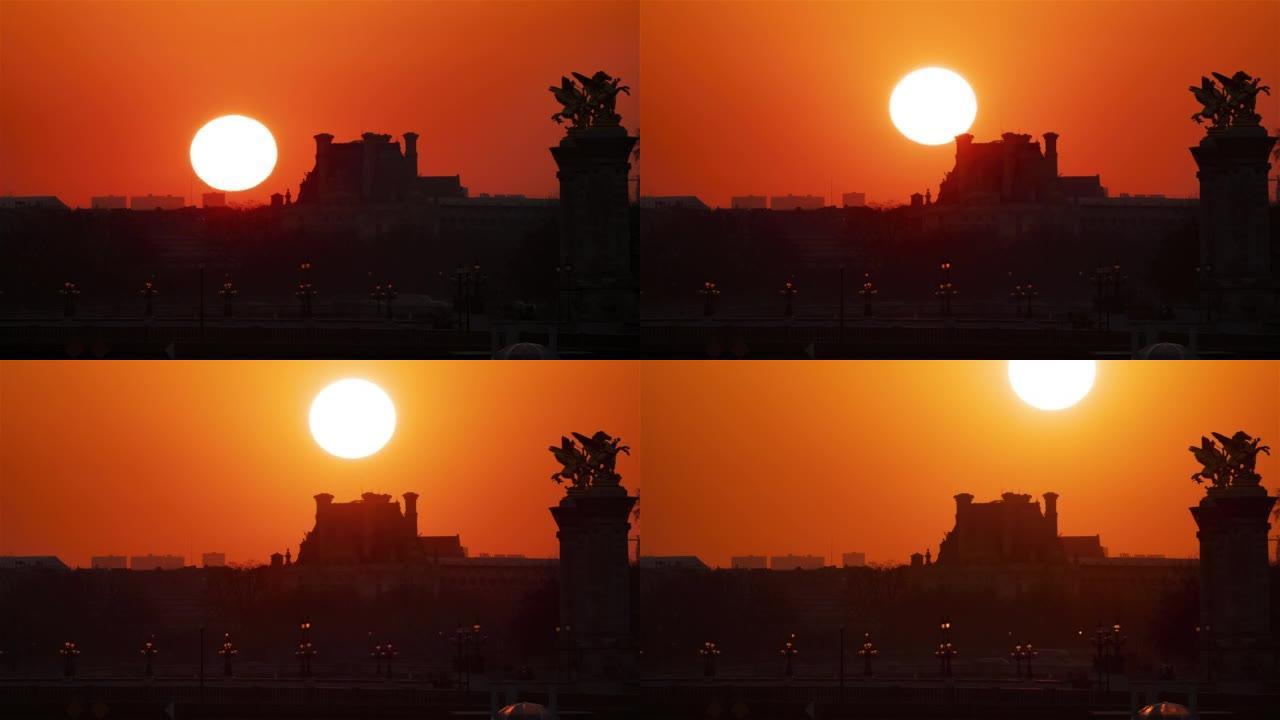 法国巴黎，延时-日出时卢浮宫和亚历山大三世桥的特写镜头
