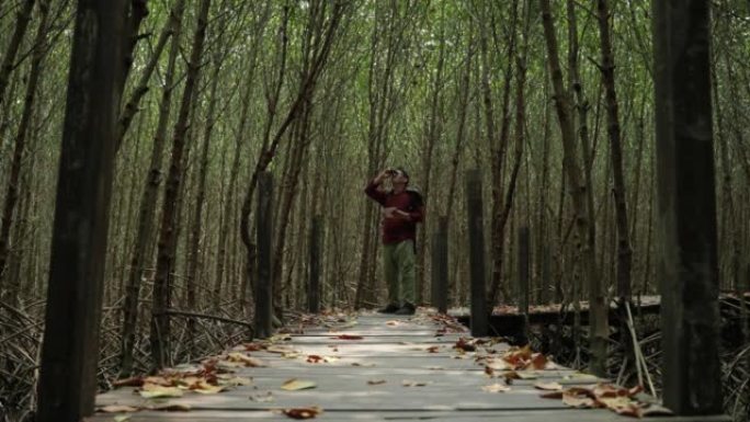 亚洲人类研究人员穿越红树林，记录红树林地区的动植物以及景观和环境，以进行进一步研究以发展知识