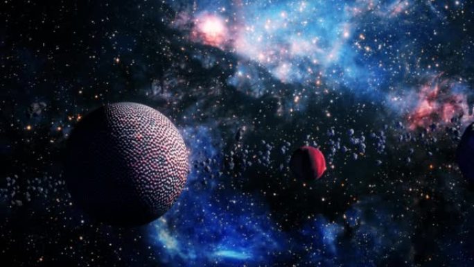 通过外太空向中心发光银河系探索外星球。4k循环动画，飞越发光的星云，云和星星场。