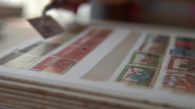 成年男子双手慢慢地将邮票插入相册。