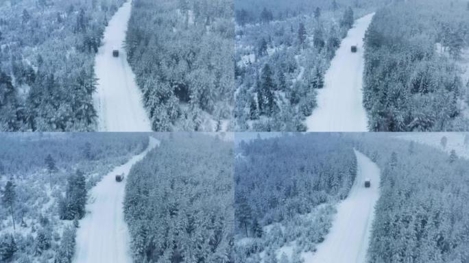 瑞典北部积雪覆盖的山区景观降雪期间，小型卡车在冬季森林路上行驶后的空中射击
