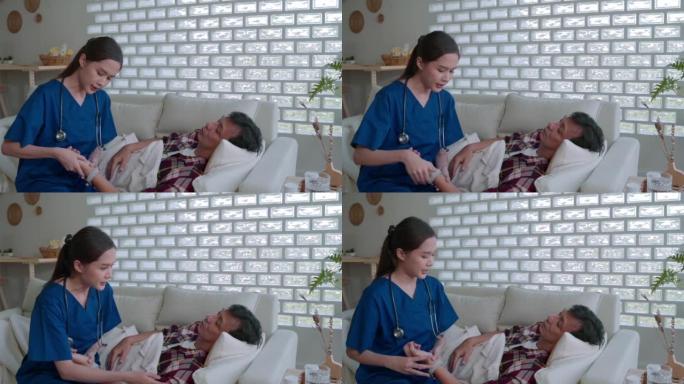 女医务工作者探访卧床不起的生病老人。