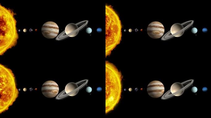 太阳系动画的太阳和行星。太阳，水星，金星，地球，火星，木星，土星，天王星，海王星，冥王星。3D渲染。