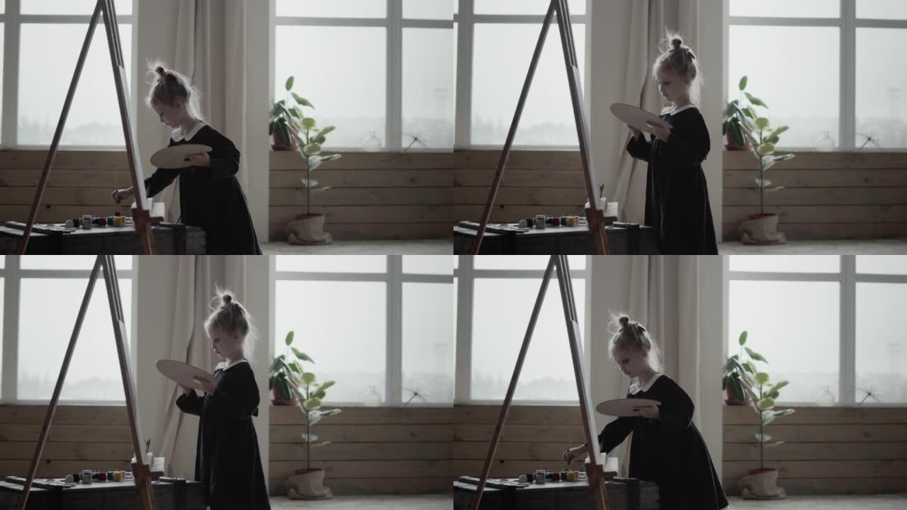 Girl painting a picture with brushes