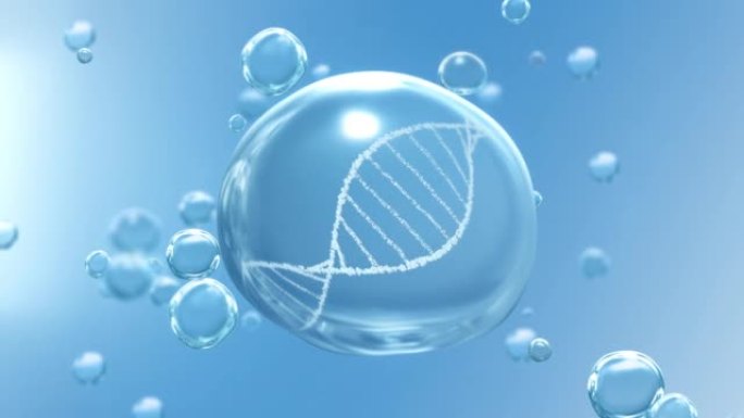 清洁的水滴和旋转的DNA在蓝色气泡环背景