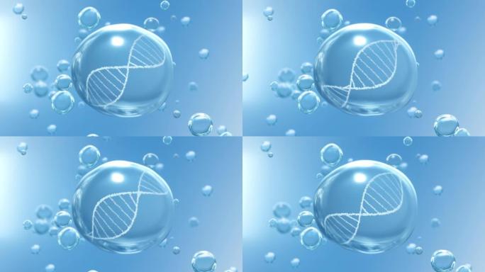 清洁的水滴和旋转的DNA在蓝色气泡环背景