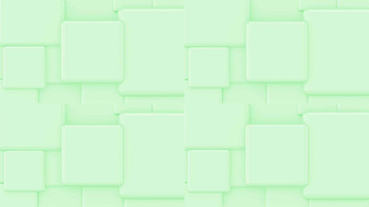 具有随机大小的绿色立方体移动和生长循环。左边是文本的地方。抽象3d渲染几何概念背景。股票视频
