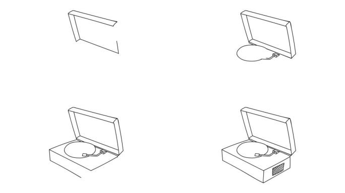 复古转盘插图的涂鸦视频。复古转盘绘图动画孤立在白色背景上。复古转盘线条画视频