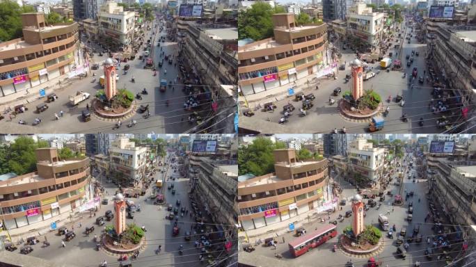 孟买历史地标Shivaji Chowk Circle市场外的高峰时间交通。