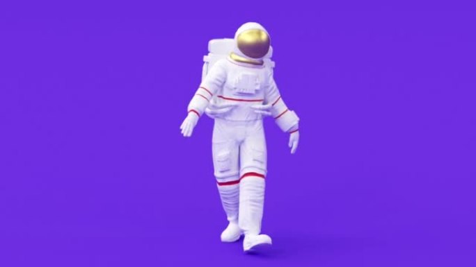 超现实行走宇航员或太空人穿着太空服，未来科幻宇宙银河背景，3d渲染现代时尚当代创意动画，无缝循环插图