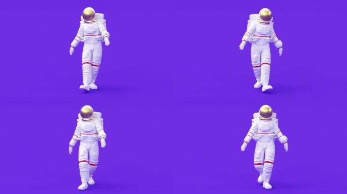 超现实行走宇航员或太空人穿着太空服，未来科幻宇宙银河背景，3d渲染现代时尚当代创意动画，无缝循环插图