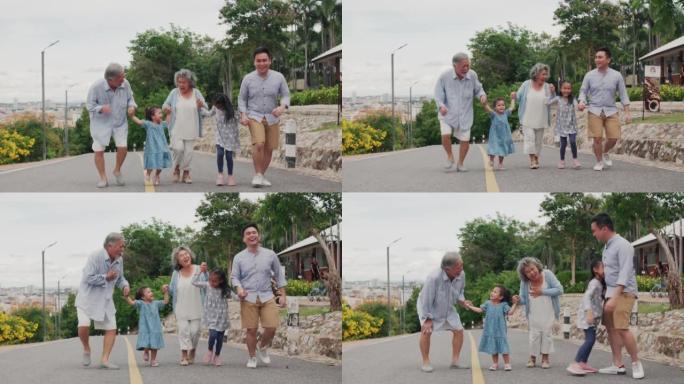 Murti-亚洲一代家庭在公园散步的美好时光。家庭，生活方式，人，关系，假期，健康护理理念