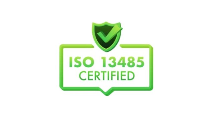 ISO 13485认证徽章，图标。认证印章。平面设计运动图形4k