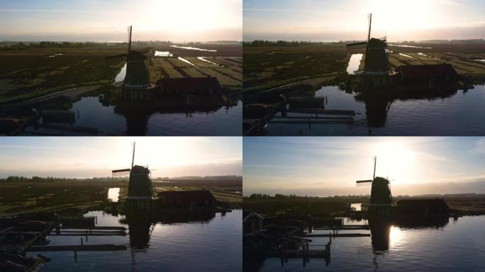 Zaanse Schans的风车，空中剪影。荷兰阿姆斯特丹的著名景点。荷兰磨坊和典型的荷兰景观在春季
