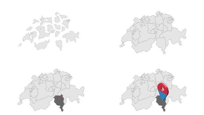提契诺州在瑞士地图上的位置。3d提契诺州国旗地图标记位置图钉。显示不同部分的瑞士地图。瑞士各州的动画