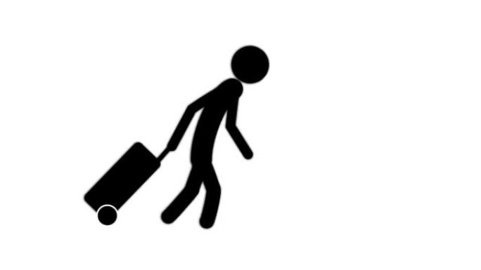 一个男人带着轮子上的手提箱走路。4k视频插图。