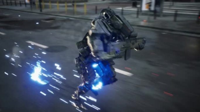 一名机器人士兵在未来的科技城市匆忙执行任务。一个军事机器人在城市街道上奔跑。循环动画非常适合未来、控