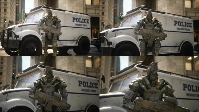 一个带枪的机器人守卫着一辆装甲警车。未来机器人技术城市的概念。该动画非常适合未来，小说，网络和科幻背