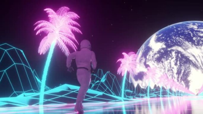 宇航员在闪烁的霓虹灯的包围下奔跑。复古80年代风格合成波背景