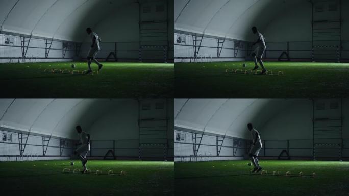 运动黑人足球运动员在室内足球场的个人训练，跑步，跳跃