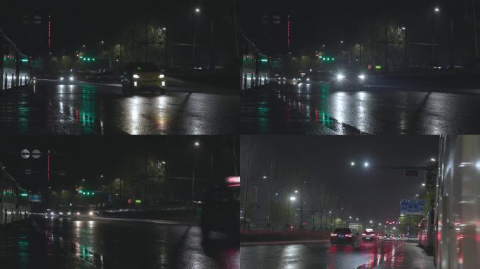 雨夜街道空境 夜晚湿滑路面 潮湿街道
