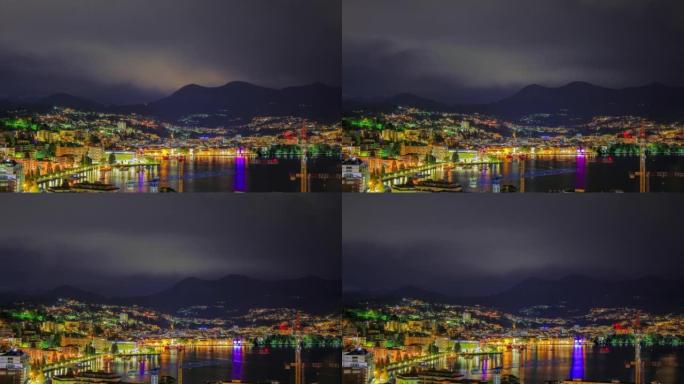 瑞士卢加诺夜景国外外国城镇灯光秀