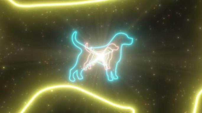 站立式狗猎犬犬形状发光明亮的霓虹灯隧道-4k无缝VJ循环运动背景动画