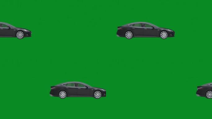 黑色混合动力汽车从左到右移动，孤立在绿幕背景4K