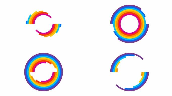 动画多色彩虹圈出现在白色背景上。白色背景上孤立的明亮平面矢量插图。