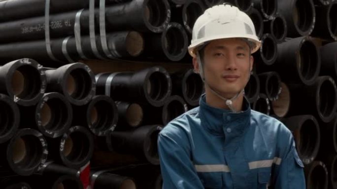 金属工业-一名戴着安全帽的工人站在装满球墨铸铁管和零件的露天仓库前的视频肖像