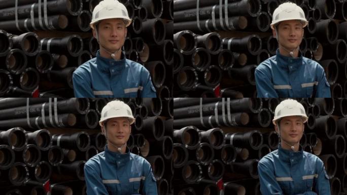 金属工业-一名戴着安全帽的工人站在装满球墨铸铁管和零件的露天仓库前的视频肖像