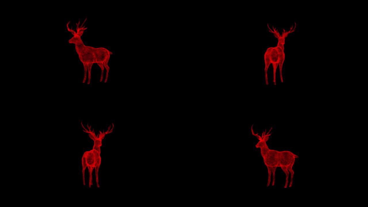 3D鹿在黑色背景上旋转。物体溶解红色闪烁粒子60 FPS。科学概念。标题、演示文稿的抽象bg。全息屏