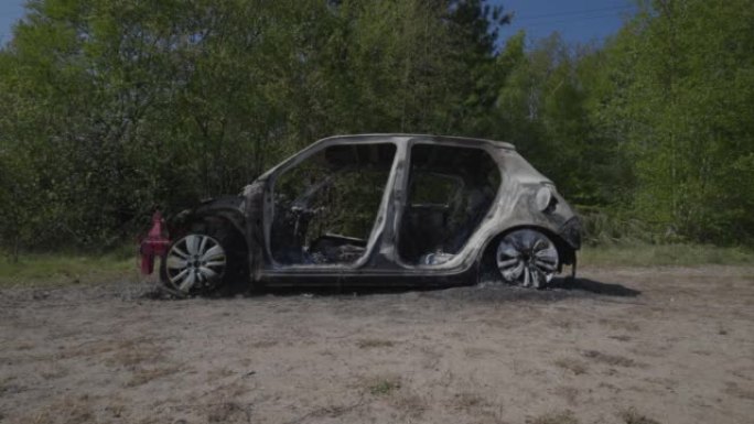 手持一张被盗汽车的照片，这辆汽车已被烧毁并倾倒在田野里。小型车标致造型无标志