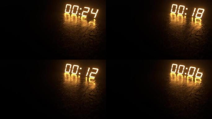 霓虹灯或led灯定时器。从30秒倒计时到零。地面上有反射的明亮电子数字。新年午夜或黑色背景的介绍动画