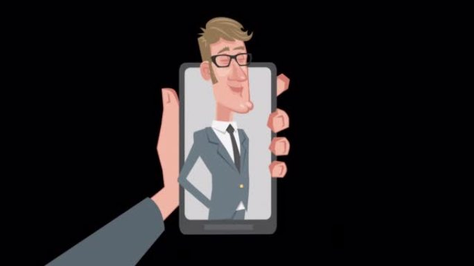 卡通优雅的商人角色从在线智能手机讲话。带阿尔法通道的动画