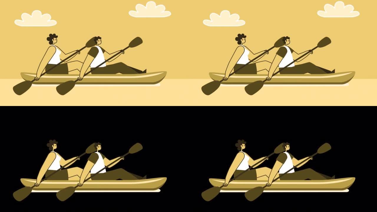 黄色风格的男人和女人平角色在皮划艇中游泳。带有Alpha通道的孤立循环动画