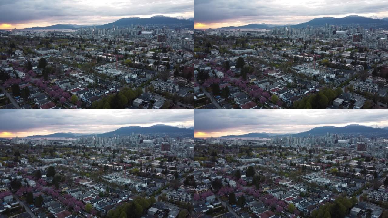 日落时温哥华市中心和邻里的鸟瞰图