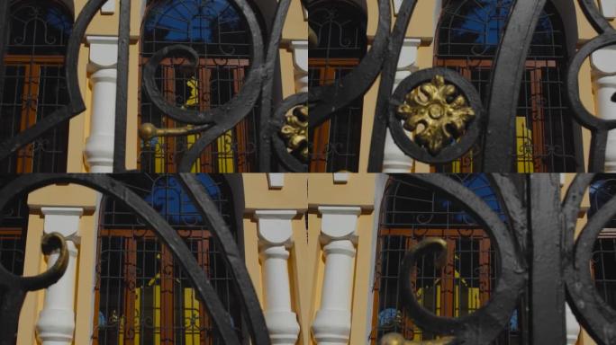 修道院中东正教教堂的美丽景色，通过酒吧拍摄窗户细节，跟踪拍摄