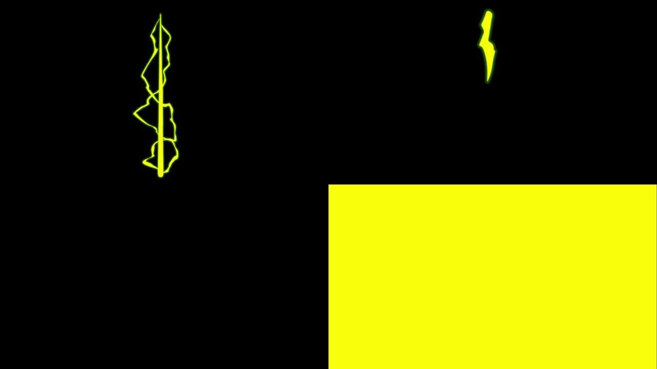 黑色背景上的动画黄色闪电隔离。