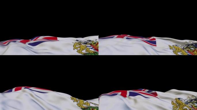 英国南极领地织物旗在风圈上挥舞。英国南极领地刺绣缝制的布条在微风中摇曳。半填充黑色背景。文本的位置。