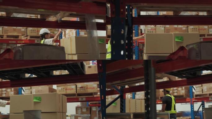 亚洲仓库工人男女移动推车塞满了商品在一个大型零售仓库的货架上。