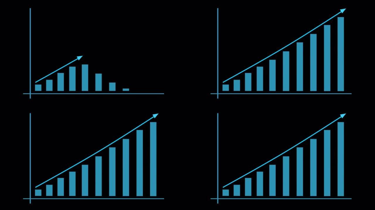 透明，Alpha通道，带有箭头动画的增长图表，带有趋势线图形的金融业务动画增长图表，经济增长条形图，