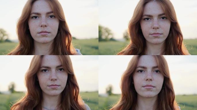 迷人的女性姜脸，在日落时对大自然有雀斑。女人看着镜头，留着红色的长发，漂亮的孩子的脸。迷人的女孩，棕
