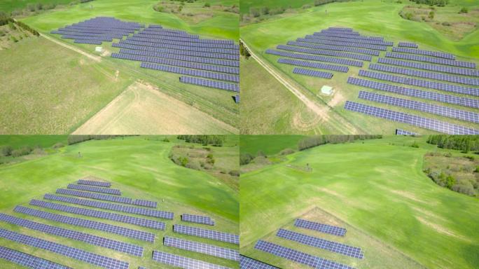 太阳能发电厂的鸟瞰图，可再生资源主题电站的工业背景，波兰欧罗巴。现场太阳能发电板的俯视图。